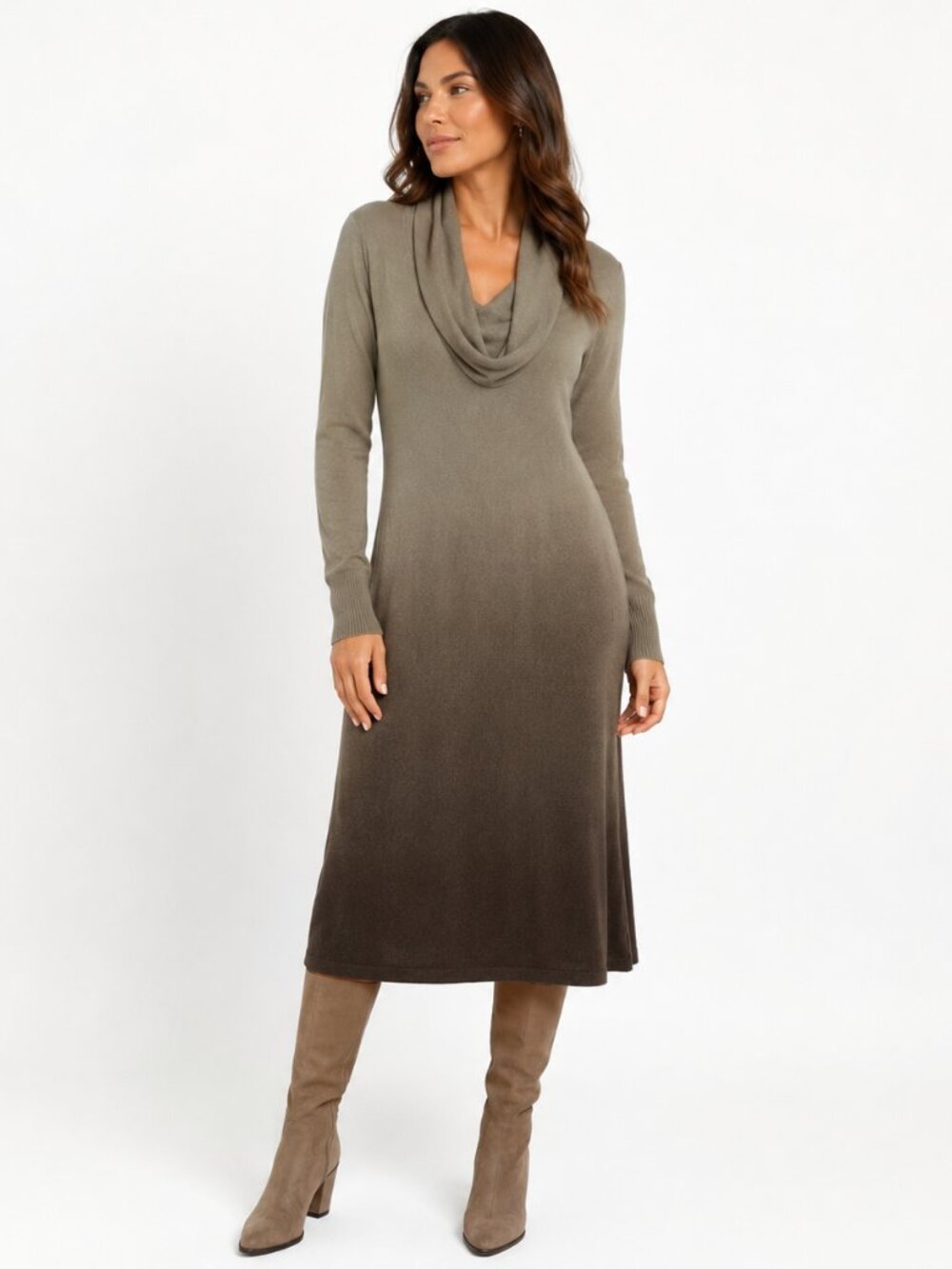 Connected Apparel Sweater Dress Womens Small Pewter Grayish Brown Ombre Cowl NWT - Picture 1 of 11
